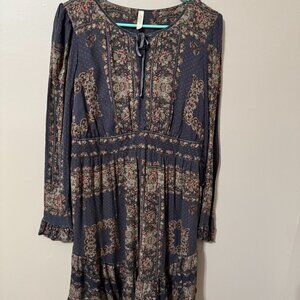 🛍️ 229  Free People Boho Floral Mini Dress | Brown Patchwork Print |Long Sleeve